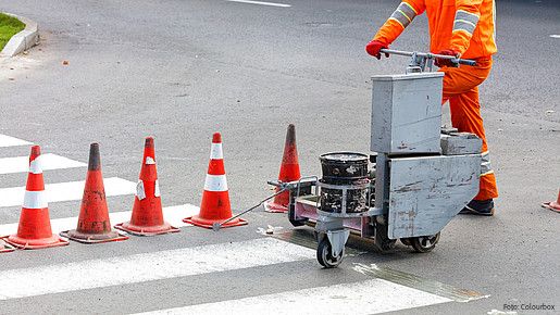 road worker, orange overalls, marks, renews, pedestrian, crossing lane, power trolley, cones, markings, road, copy space, pedestrian crossing, traffic cones, section of road, crossing, traffic, construction, street, asphalt, marking, urban, industrial, line, equipment, industry, white, security, occupation, spray, highway, surface, professional, reflective, beads, paint, crossroads, business, outdoor, machine, airbrush, light, infrastructure, hand, lines, dividing, manual, orange, repair, updates, painting